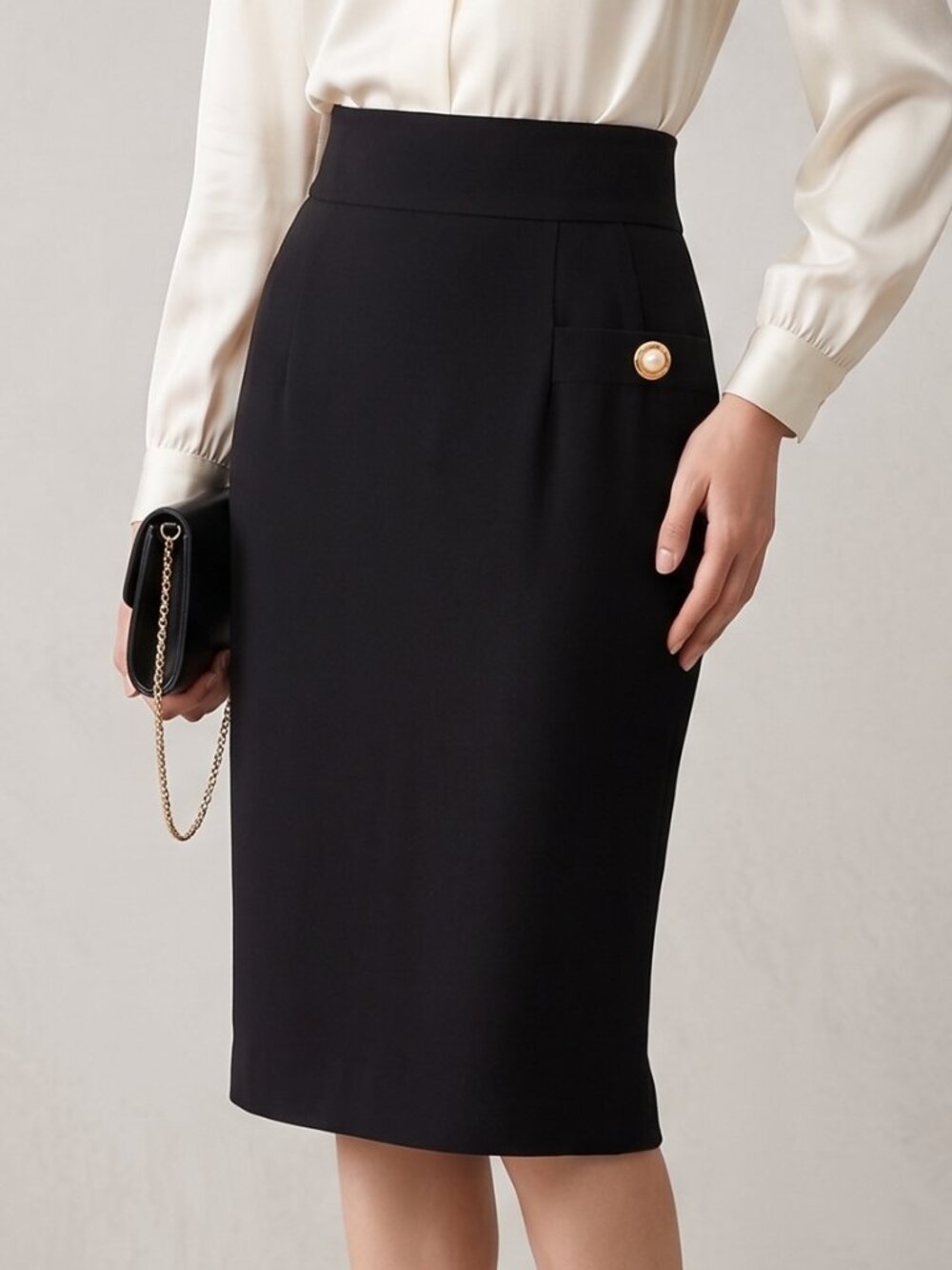 Vintage Louis Féraud Black Pencil Skirt Pearl Button - Made in Germany - Size 4